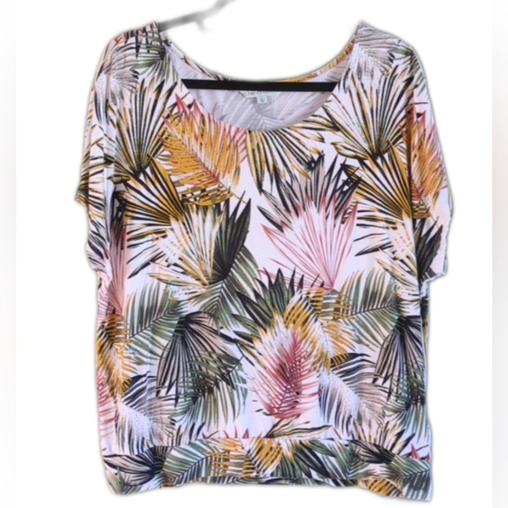 Cleo Petites Tropical Palm Leaf Dolman Sleeve Scoop Neck Banded Waist Top XL